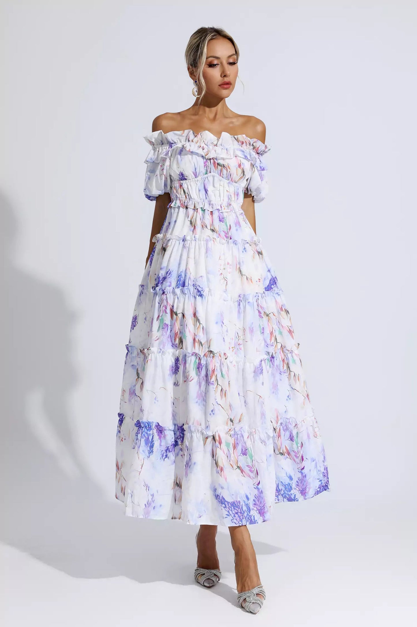 Danielle Purple Floral Ruched Maxi Dress