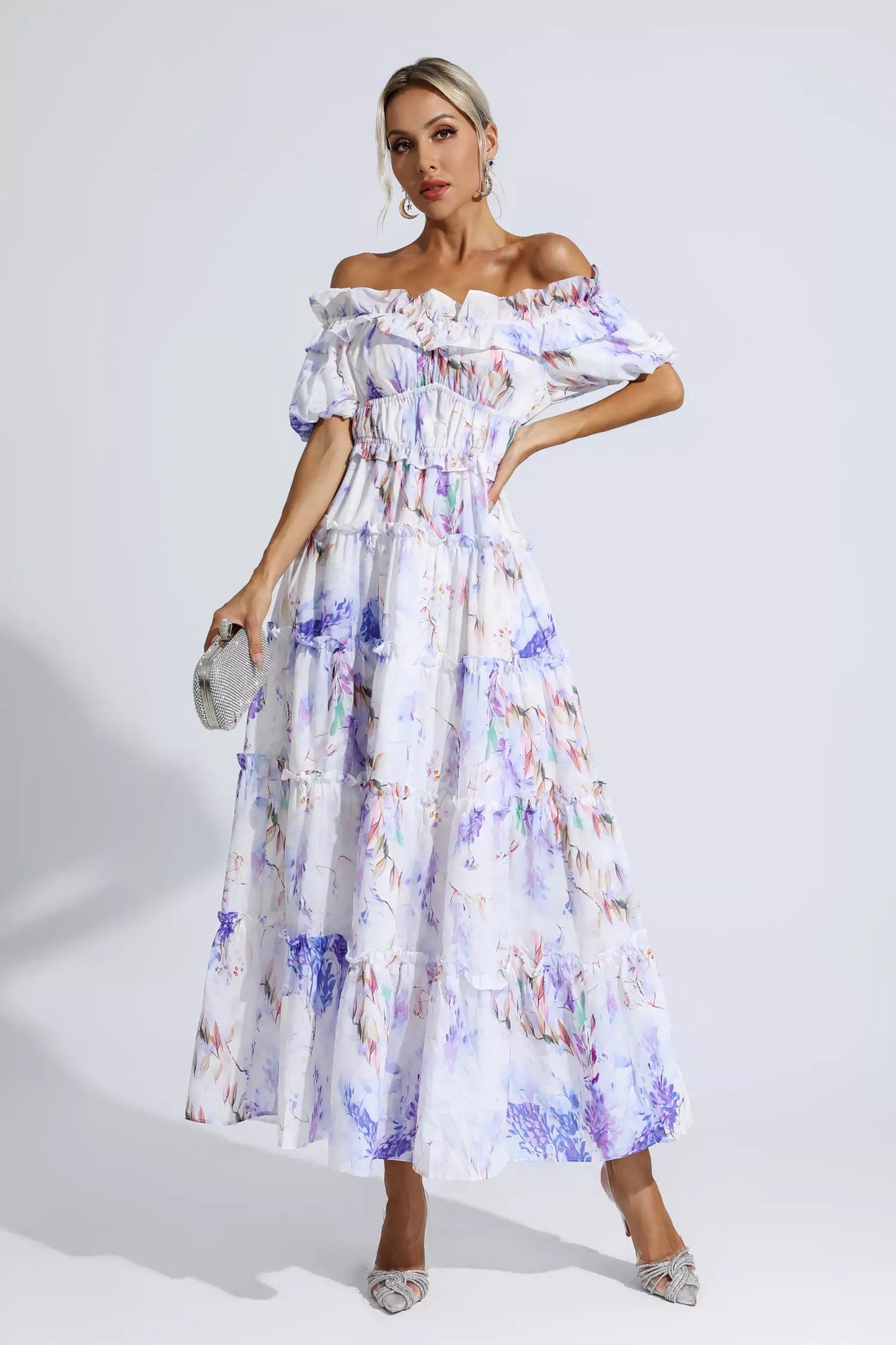 Danielle Purple Floral Ruched Maxi Dress