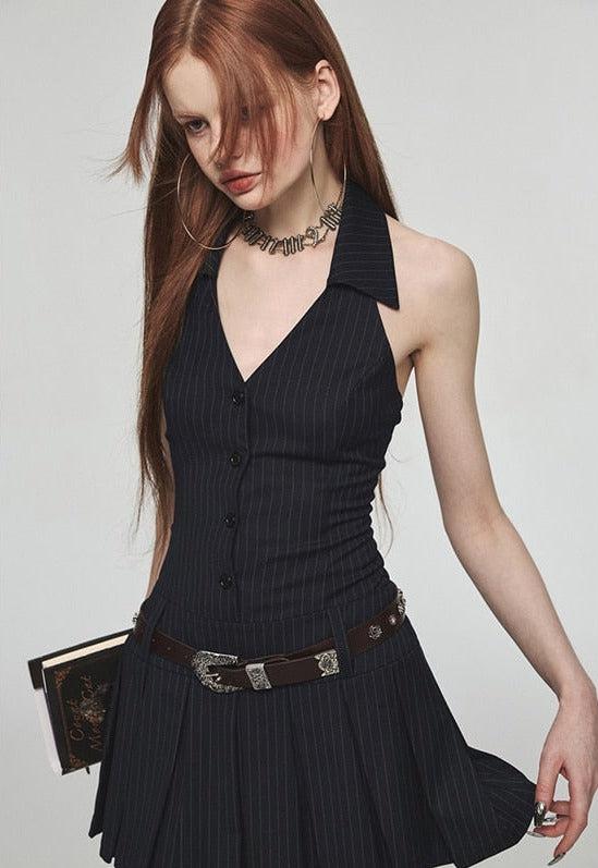 Pinstripe Halter Collar V-Neck Button Front Pleated Mini Dress