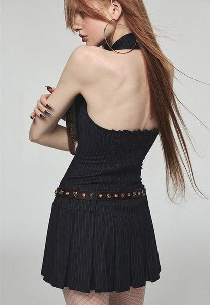 Pinstripe Halter Collar V-Neck Button Front Pleated Mini Dress