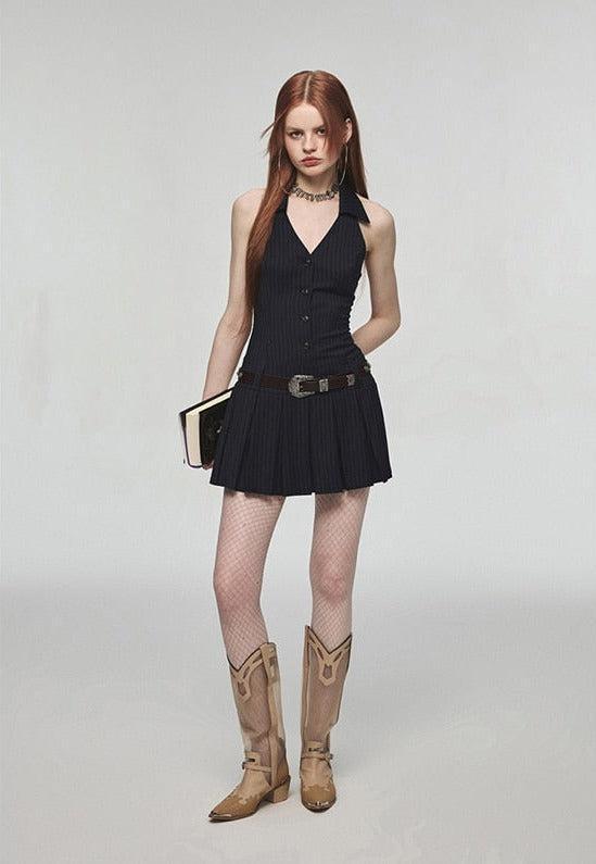 Pinstripe Halter Collar V-Neck Button Front Pleated Mini Dress