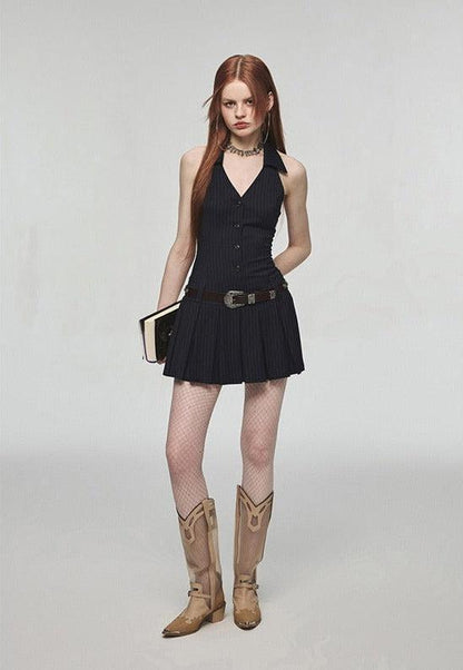 Pinstripe Halter Collar V-Neck Button Front Pleated Mini Dress