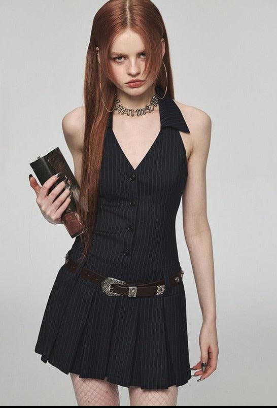 Pinstripe Halter Collar V-Neck Button Front Pleated Mini Dress