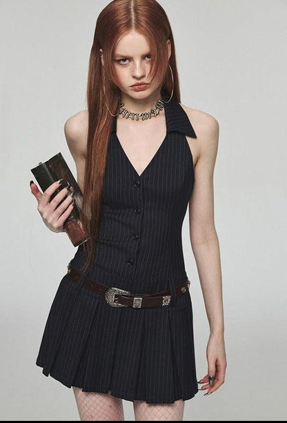 Pinstripe Halter Collar V-Neck Button Front Pleated Mini Dress