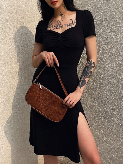 Sweetheart Ruched Bust Cap Sleeve High Split A Line Midi Dress