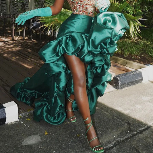 Dark Green High Low Skirt Ruffles Big Flowers Formal Wear