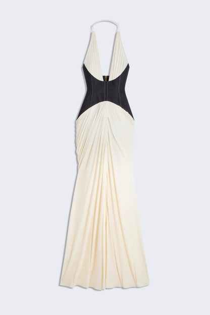 Daryle Halter Denim Corset Ruched Maxi Dress