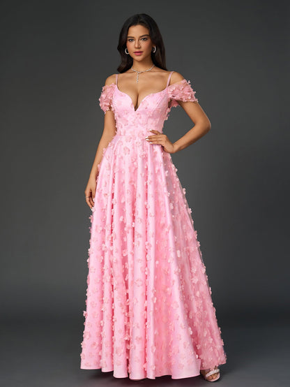 Deep V-Neck Crisscross Back Floral Applique Decoration Prom Dress
