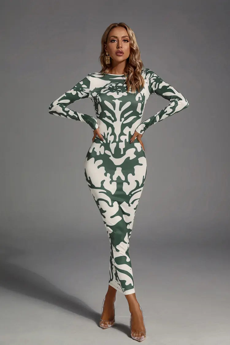 Delilah Green Open-back Printed Maxi Dress