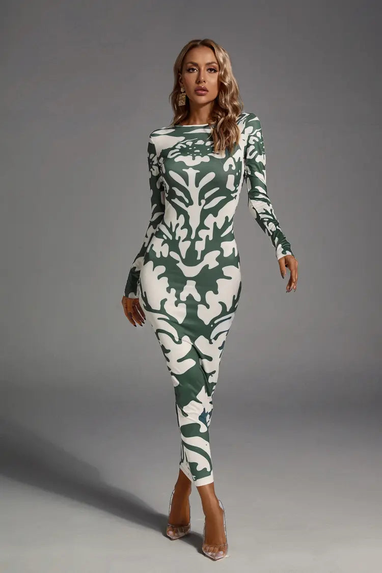 Delilah Green Open-back Printed Maxi Dress