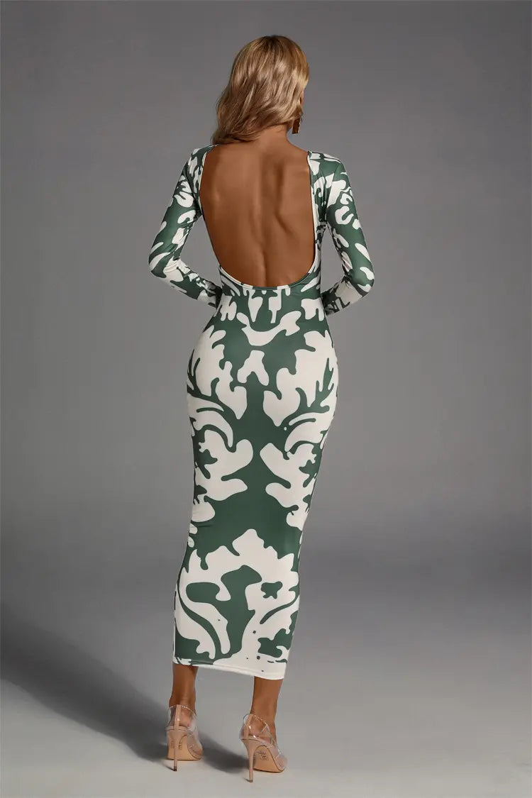 Delilah Green Open-back Printed Maxi Dress