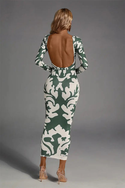 Delilah Green Open-back Printed Maxi Dress