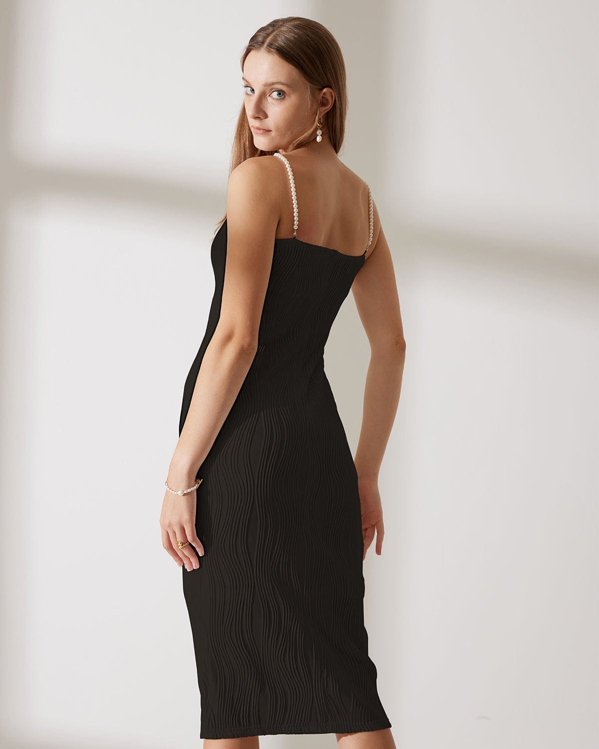 Women's Black Ribbed Sleeveless Dress – Pearl Strap Elegant Midi
