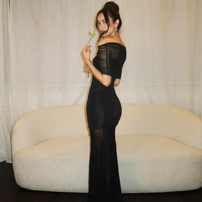 Michaela | Maternity Off-Shoulder Pleated Mesh Maxi Dress