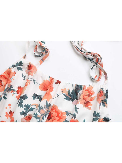 Ditsy Floral Tie Shoulder Smocked Waist Tiered Ruffle Mini Dress