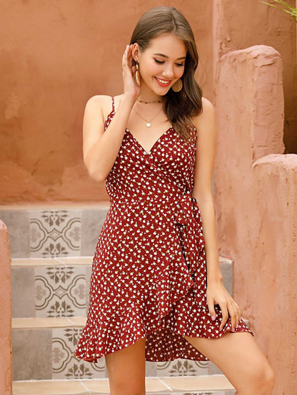 Ditsy Floral Print Spaghetti Strap Wrap Ruffle Hem Mini Dress