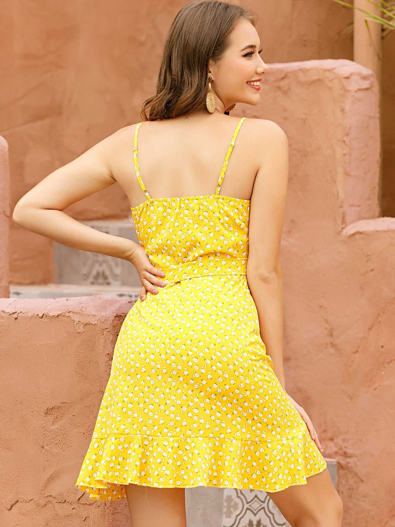 Ditsy Floral Print Spaghetti Strap Wrap Ruffle Hem Mini Dress