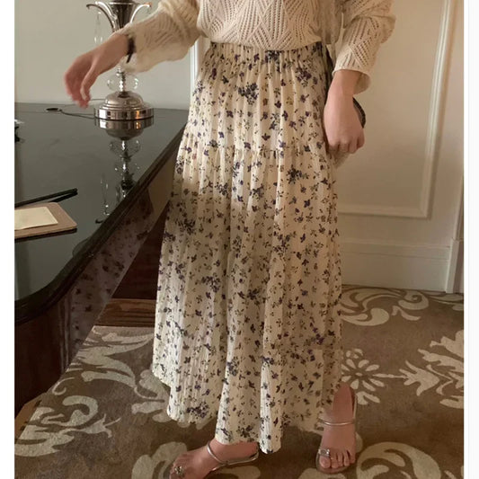 Floral Ditsy Print Elastic Waist Tiered Long Flared Skirt