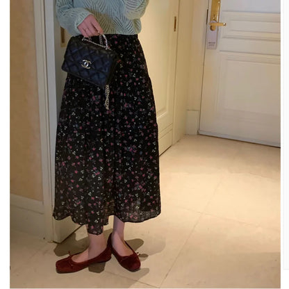 Floral Ditsy Print Elastic Waist Tiered Long Flared Skirt