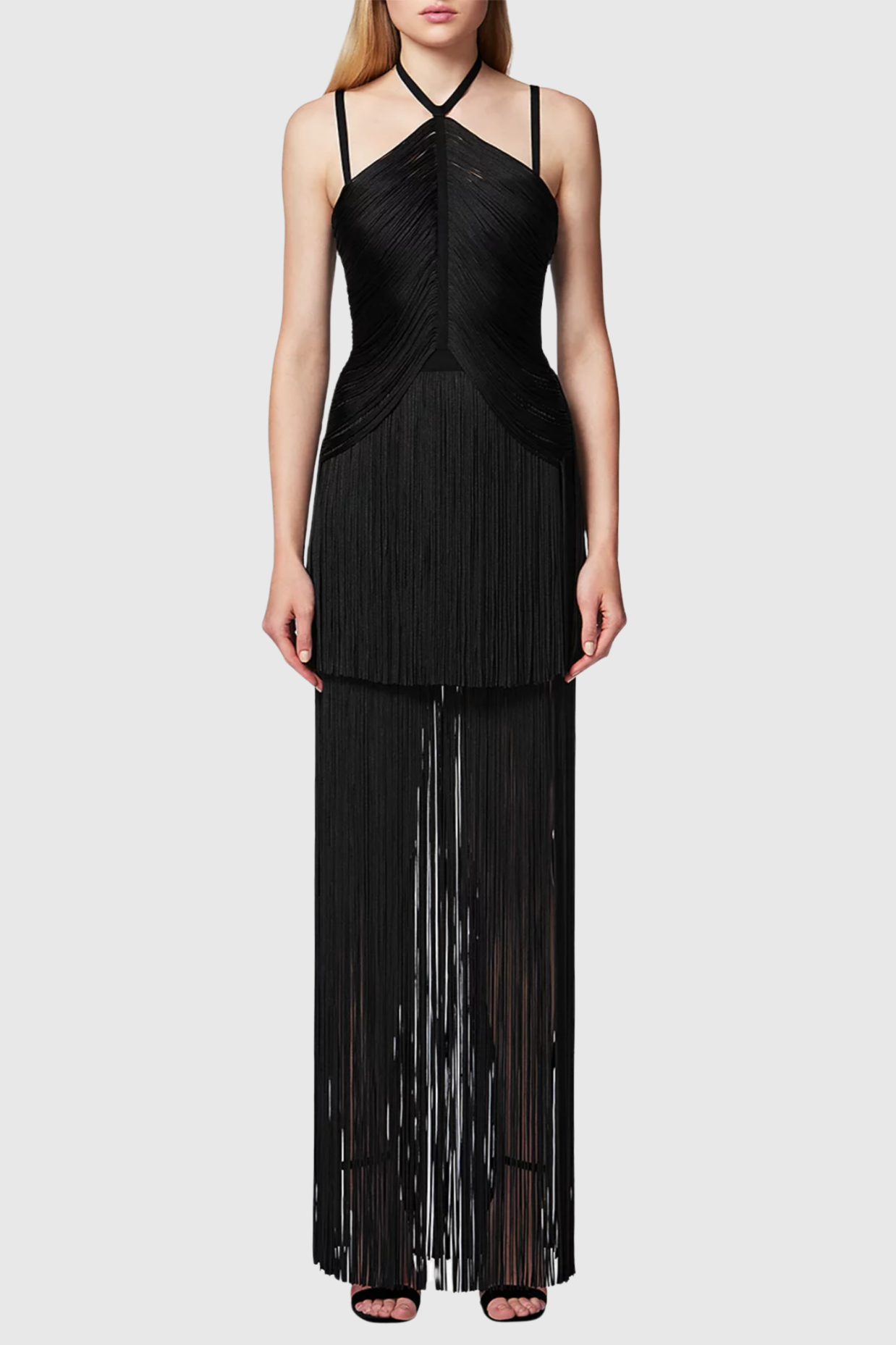 Doly Halter Fringed Maxi Bandage Dress - Black