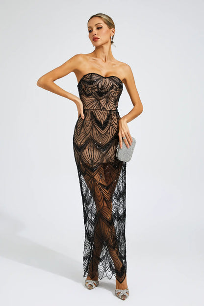 Donahue Black Sequins Off Shoulder Dress