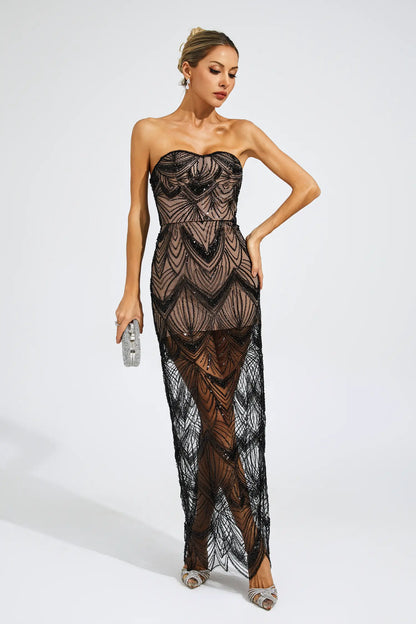 Donahue Black Sequins Off Shoulder Dress