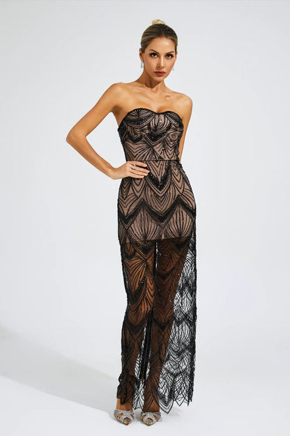 Donahue Black Sequins Off Shoulder Dress