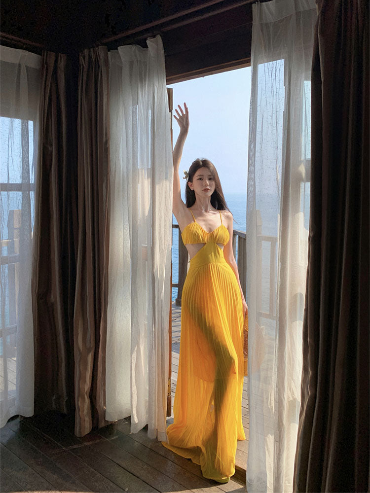 Dopamine Yellow Spaghetti Strap Maxi Dress Sexy Backless Vacation Outfit