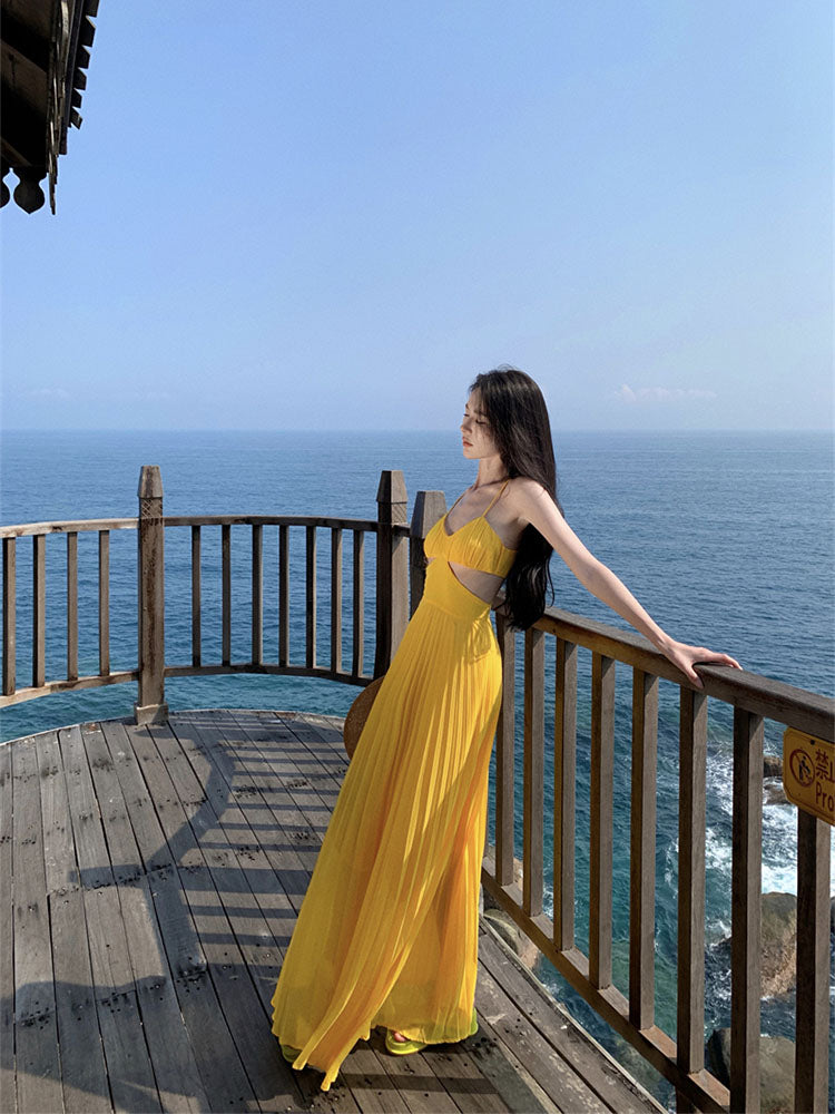Dopamine Yellow Spaghetti Strap Maxi Dress Sexy Backless Vacation Outfit