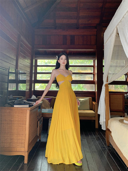 Dopamine Yellow Spaghetti Strap Maxi Dress Sexy Backless Vacation Outfit