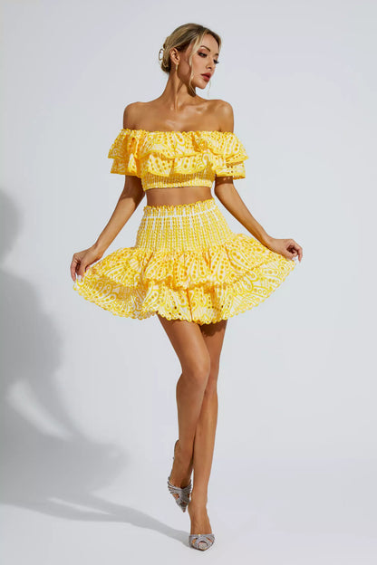 Dorothy Floral Ruffle Off-Shoulder Set-Yellow
