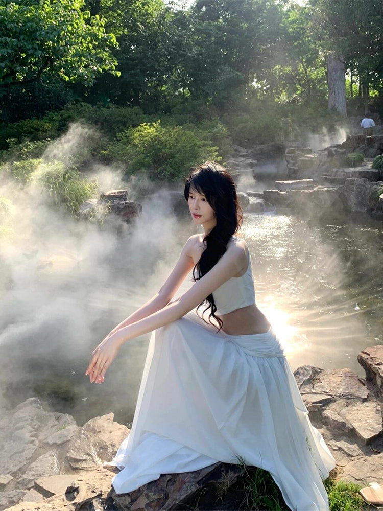 Dreamy white Maxi Dress Flowy, Backless & Beach-Ready