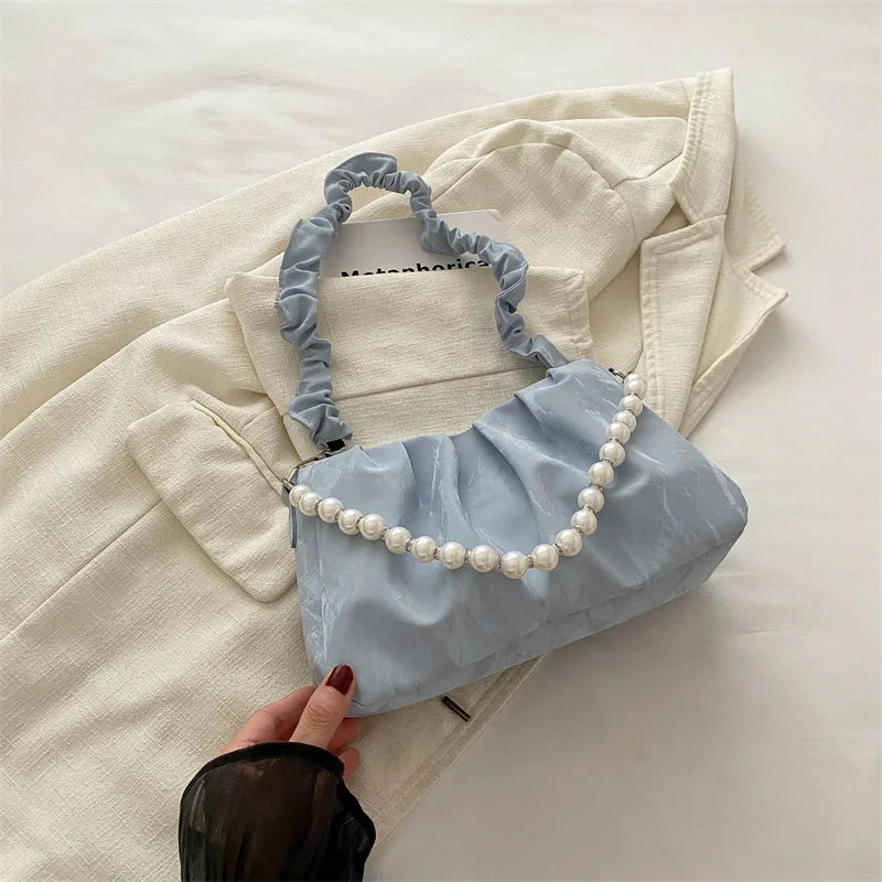 French Beaded Chain Pleated Underarm Crossbody Handbag