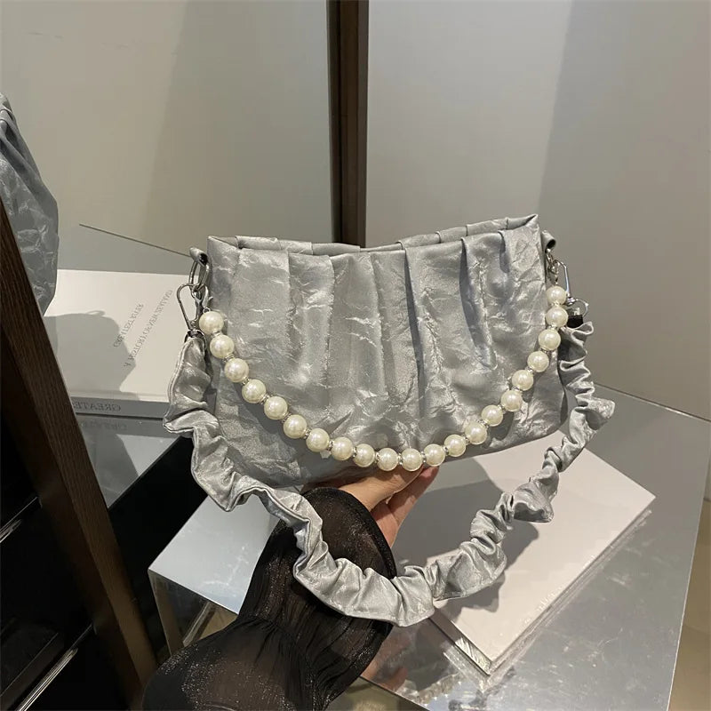 French Beaded Chain Pleated Underarm Crossbody Handbag