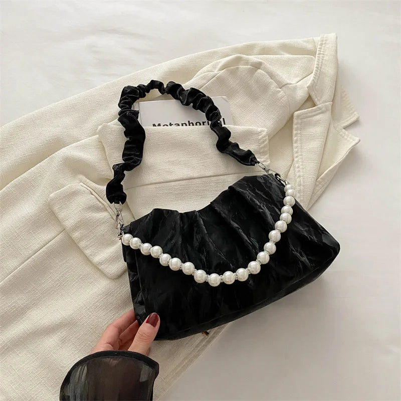French Beaded Chain Pleated Underarm Crossbody Handbag