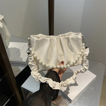 French Beaded Chain Pleated Underarm Crossbody Handbag