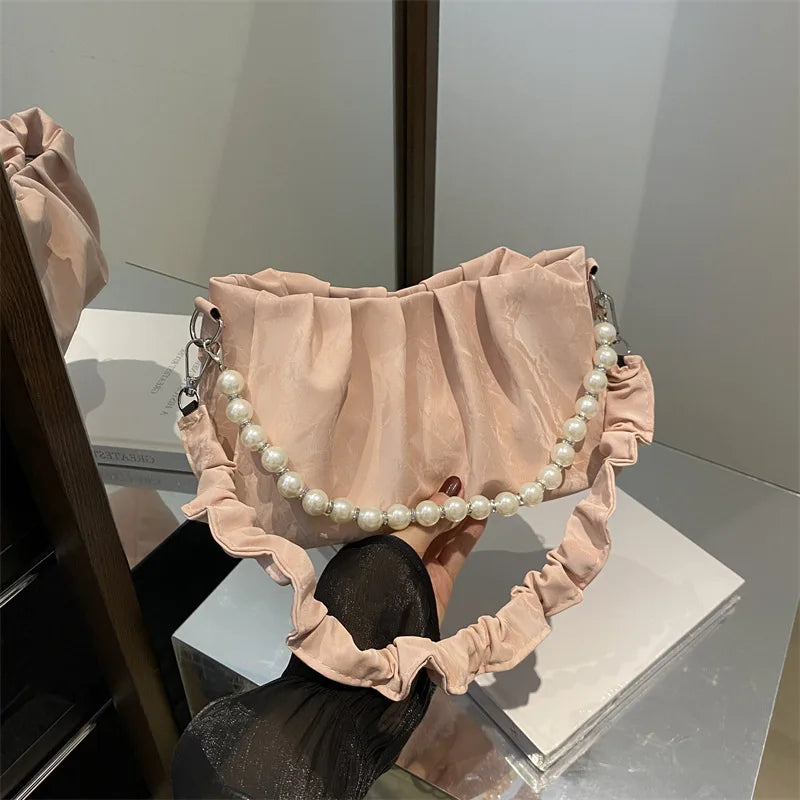 French Beaded Chain Pleated Underarm Crossbody Handbag
