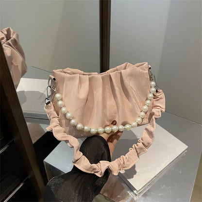 French Beaded Chain Pleated Underarm Crossbody Handbag