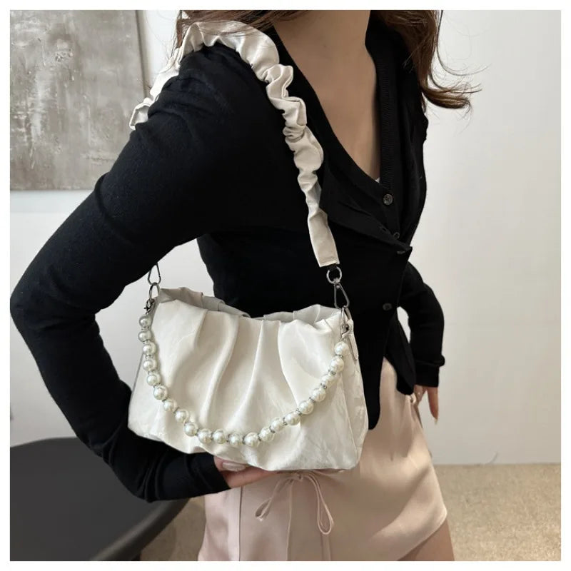 French Beaded Chain Pleated Underarm Crossbody Handbag