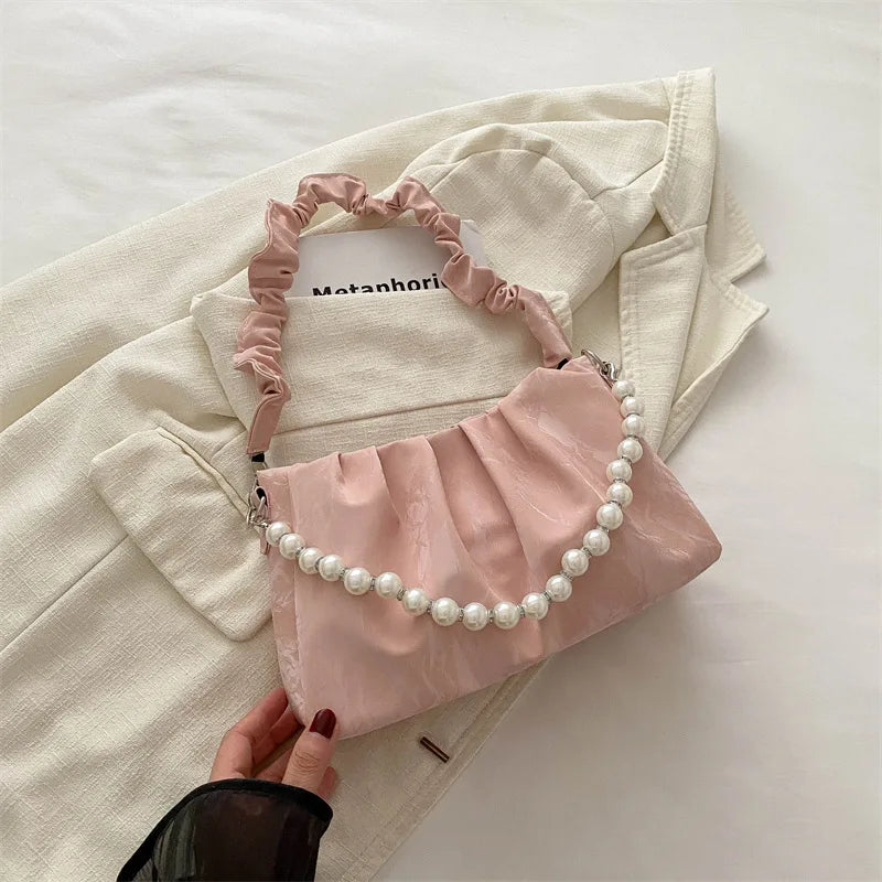 French Beaded Chain Pleated Underarm Crossbody Handbag