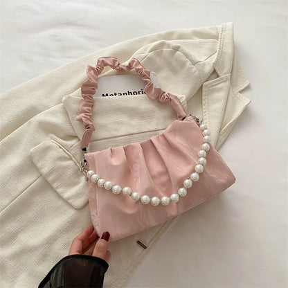 French Beaded Chain Pleated Underarm Crossbody Handbag