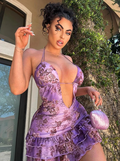 Halter Lace-Up Ruffled Mini Dress