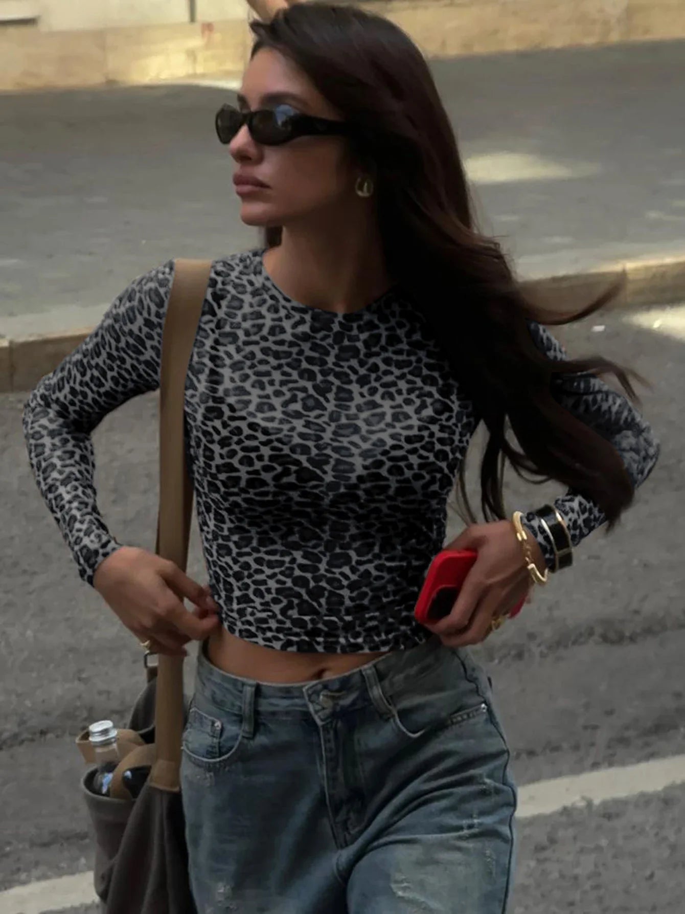 Sexy Long Sleeve Leopard Printed Mesh Bodycon Knit Top