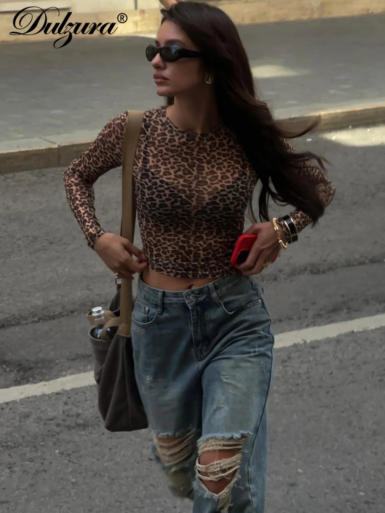 Sexy Long Sleeve Leopard Printed Mesh Bodycon Knit Top