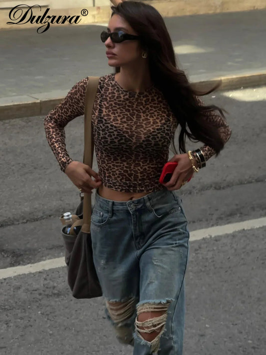 Sexy Long Sleeve Leopard Printed Mesh Bodycon Knit Top