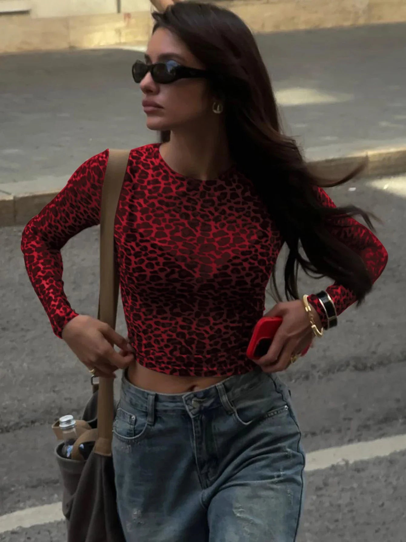 Sexy Long Sleeve Leopard Printed Mesh Bodycon Knit Top