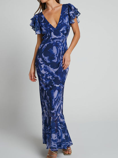 Blue-Swirl V-Neck Flutter-Sleeve Maxi Dress
