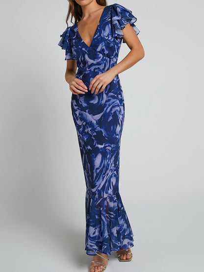 Blue-Swirl V-Neck Flutter-Sleeve Maxi Dress