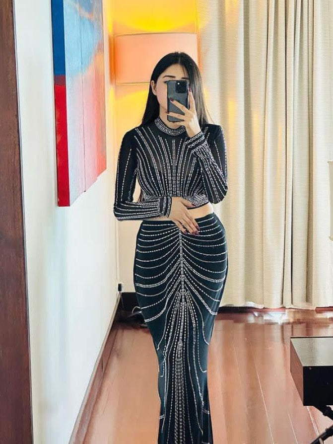 Black Rhinestone Crop Top & Skirt Set