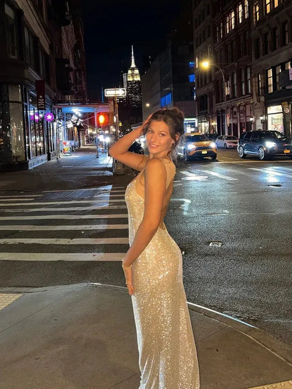 Scoop Neckline Backless Rhinestone Mesh Dress